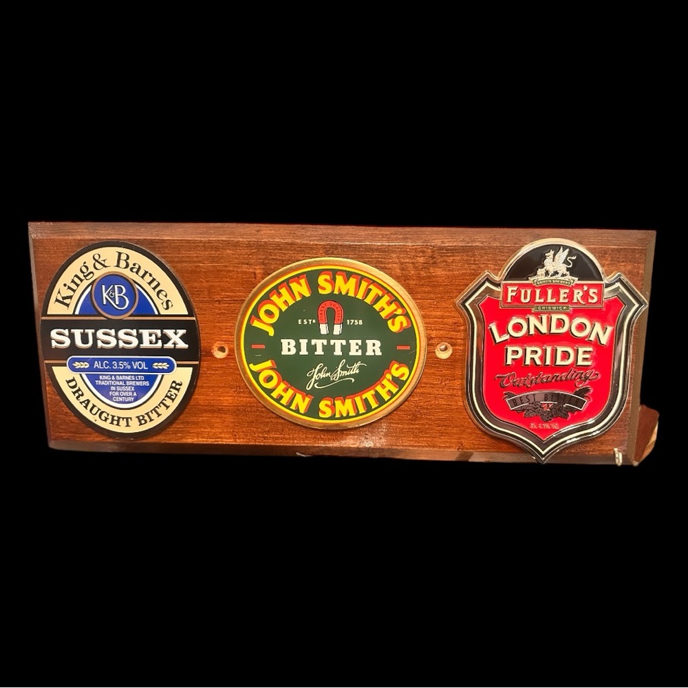 English Ale Brass /Metal Labels Mounted on Wood Wall Decor